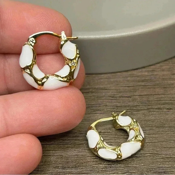 18K Gold Plated White Enamel Hoop Earrings with Little Rhinestone Accents - Picture 1 of 4